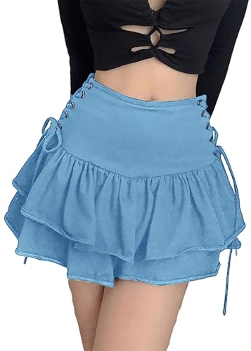 XKBHYD Damen Gothic Minirock Grunge Punk Faltenrock Y2K Hohe Taille E-Girl Skort Mall Goth Uniform Skater Rock, blau, L von XKBHYD