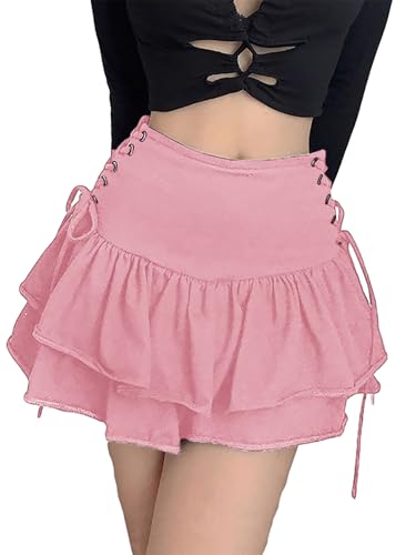 XKBHYD Damen Gothic Minirock Grunge Punk Faltenrock Y2K Hohe Taille E-Girl Skort Mall Goth Uniform Skater Rock, rose, M von XKBHYD