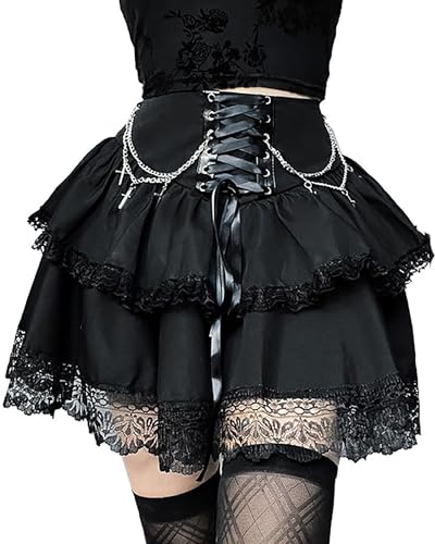 XKBHYD Damen Gothic Minirock Hohe Taille Plissee Skater Punk Grunge Schnürrock Harajuku Lolita Rock mit Kette, Schwarz , XXL von XKBHYD