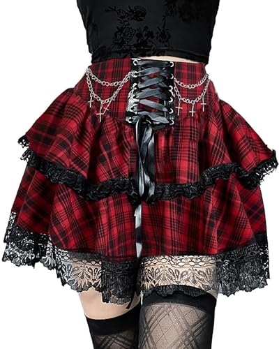 XKBHYD Damen Gothic Minirock Hohe Taille Plissee Skater Punk Grunge Schnürrock Harajuku Lolita Rock mit Kette, rot, S von XKBHYD