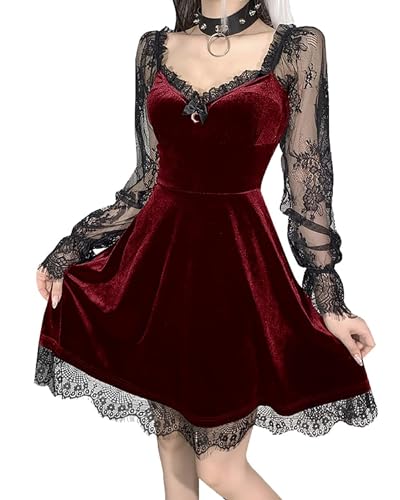 XKBHYD Damen Gothic Samtkleid Langarm Vintage Hexenkleider Mond Lolita Fee Kleid Spitze Punk Grunge Kleid, 01-rot, L von XKBHYD