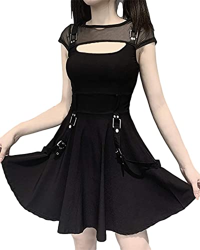 XKBHYD Damen Gothic schwarzes Kleid Mall Goth Ästhetisches Alt Kleid Y2K Emo Rock Kleid Harajuku Grunge Neckholder Kleider, Schwarz , L von XKBHYD