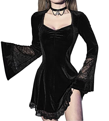 XKBHYD Gothic Kleid Damen Kurz Samt Herbstkleid Winterkleid Glockenärmel Eckiger Ausschnitt Minikleid Halloween Partykleid mit Spitze von XKBHYD