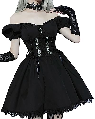 XKBHYD Gothic Kleid Damen Schulternfrei Kurze Ärmel Minikleid Hohe Taille Empire-Taille Schlanke Passform Spitze Party Kleid von XKBHYD