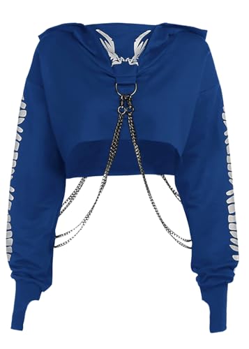 XKBHYD Gothic Punk Coole Mädchen Drachen Muster T-Shirts Langarm Hosenträger Rundhals Ausschnitt schwarz Crop Top Herbst Pullover Frauen T-Shirt von XKBHYD