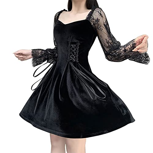 XKBHYD Hochzeitsgast Kleid Damen Cocktailkleid Damen Velours Gothic Kleid Langarm Puffärmel Minikleider Spitze Halloween Kleid Schwarz XL von XKBHYD