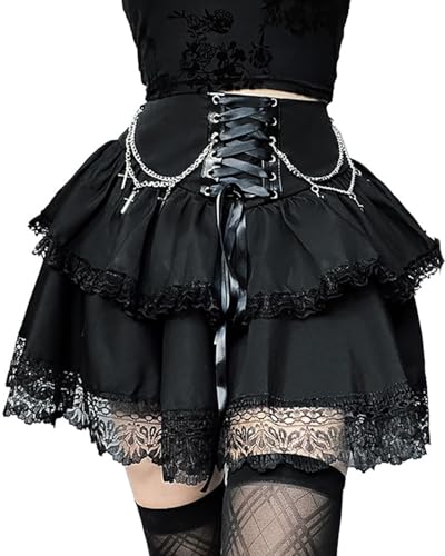 XKBHYD Mini Black Super Skirt Doppelter Gothic-Halbrock Sommer Damen-Halbrock Y2k Lace Ruffle Half Rock Taillierter Kordelrock von XKBHYD
