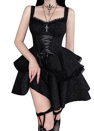 XKBHYD Plissee Kleid Damen Gothic Empire Taille Slip Minikleid Doppellagen Hohe Taille Geschnürt Plissiert Kreuz Kleider von XKBHYD