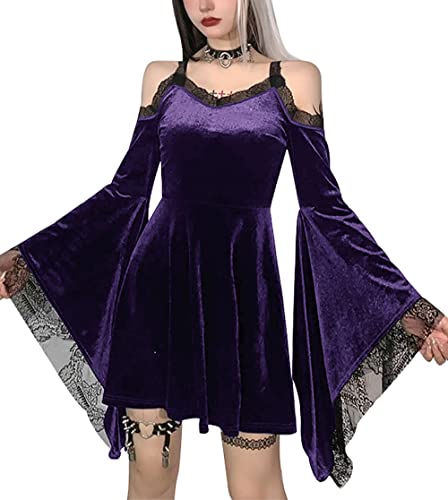 XKBHYD Samt Minikleid Kalte Schulter Lange Schlaghülse Spitzenbesatz Velours Herbst Winter Freizeitkleider Gothic Party Kleid Lila M von XKBHYD