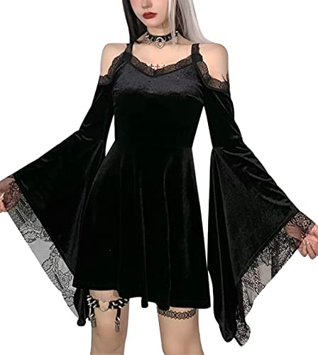 XKBHYD Samt Minikleid Kalte Schulter Lange Schlaghülse Spitzenbesatz Velours Herbst Winter Freizeitkleider Gothic Party Kleid Schwarz 3XL von XKBHYD