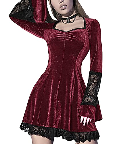 XKBHYD Samtkleid Damen Herbst Winter Langarm Kleid mit Spitze Eckiger Ausschnitt Glockenärmel Minikleid Slim Fit Freizeitkleid von XKBHYD