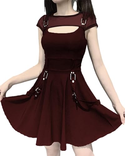XKBHYD Steampunk Kleid Frauen Gothic Kurze Ärmel Hohle Patchwork Minikleid Halloween Party-Kleid mit Staps Dekoration von XKBHYD