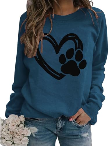 XKBHYD Sweatshirt Damen Ohne Kapuze Langarm Rundhalsausschnitt Oberteile Herz Gedruckt Hundetatze Lässig Pullover von XKBHYD
