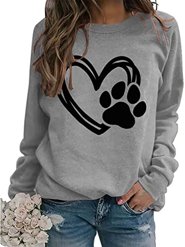 XKBHYD Sweatshirt Damen Ohne Kapuze Langarm Rundhalsausschnitt Oberteile Herz Gedruckt Hundetatze Lässig Pullover von XKBHYD