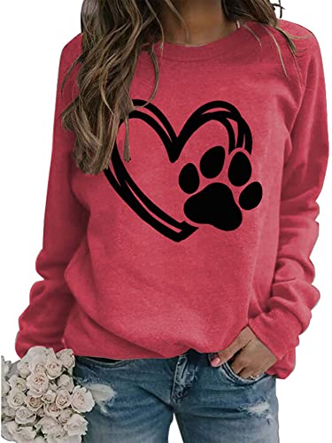 XKBHYD Sweatshirt Damen Ohne Kapuze Langarm Rundhalsausschnitt Oberteile Herz Gedruckt Hundetatze Lässig Pullover von XKBHYD