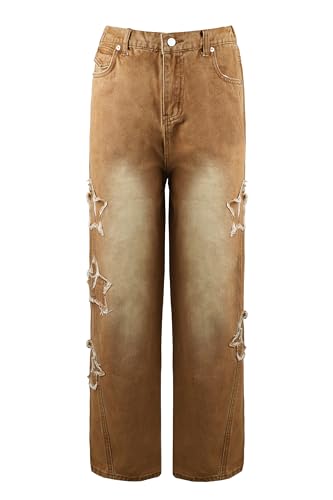 XKBHYD Weinlese Stern Jeans Damen Weites Bein Gerade Denim Hose Y2k Streetwear Freizeithose Jeanhosen von XKBHYD
