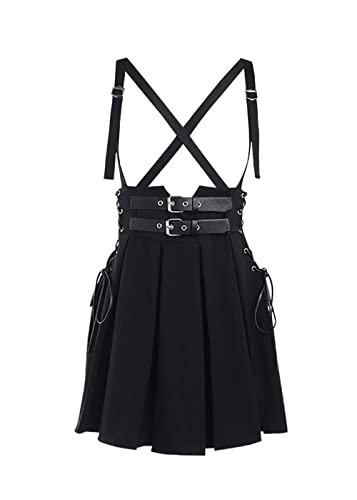 XKBHYD Women Goth Punk Black Pleated Skirt Goth Streetwear High Waist Buckle Lace Up Mini Skirt Harajuku Spaghetti Straps Ladies Skirts von XKBHYD