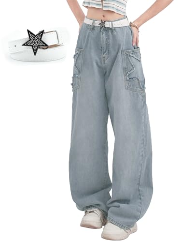 XKBHYD Y2k Baggy-Jeans für Damen, hohe Taille, Sternenmuster, legere Hose mit mehreren Taschen, gerades Bein, Blau mit Gürtel, XXL von XKBHYD