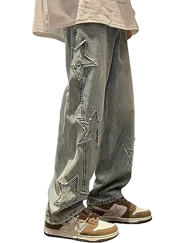 XKBHYD Y2k Jeans Damen Stern Jeans Hoch Tailliert Cargo Hosen Gerade Weites Bein Jeans Blau S von XKBHYD