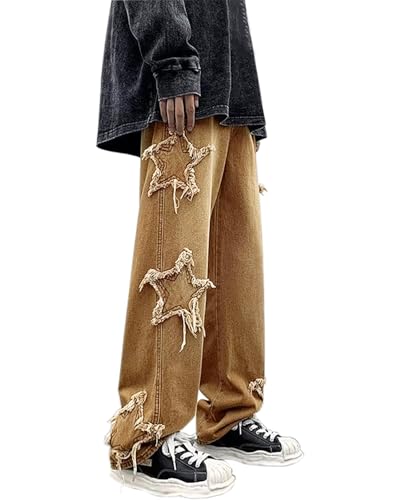 XKBHYD Y2k Jeans Damen Stern Jeans Hoch Tailliert Cargo Hosen Gerade Weites Bein Jeans von XKBHYD