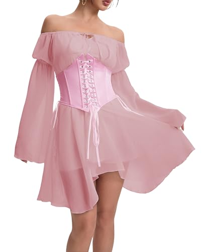 XKBHYD Zweiteiliges Damen-Korsettkleid, schulterfrei, Glockenärmel, Chiffon-Kleid, Schnürung, Mini-Bustier, Partykleid, rose, M von XKBHYD