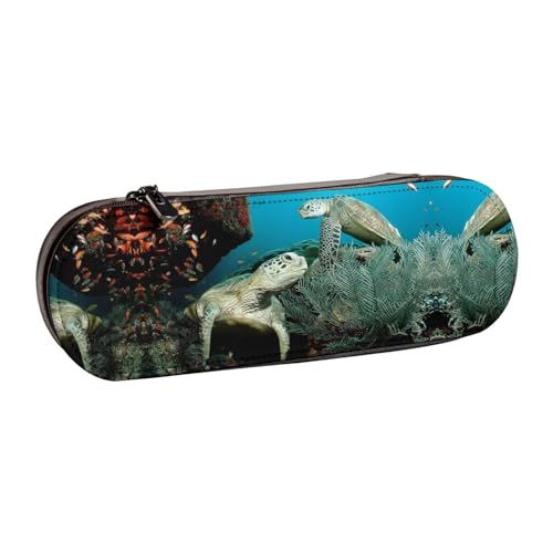 XLEWSIEU Federmäppchen aus Leder, Motiv: Meeresschildkröte, stilvolle und funktionale Stiftemappe, Kosmetiktasche, Kleingeldbox, Schwarz , Einheitsgröße, Schulranzen-Set von XLEWSIEU