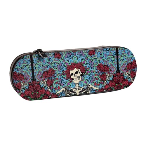 XLEWSIEU Federmäppchen aus Leder mit Rosen- und Totenkopf-Aufdruck, stilvolle und funktionale Stiftemappe, Kosmetiktasche, Kleingeldbox, Schwarz , Einheitsgröße, Schulranzen-Set von XLEWSIEU