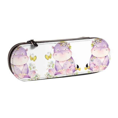 XLEWSIEU Federmäppchen aus Leder mit Schmetterlings- und Nilpferddruck, stilvolle und funktionale Stiftemappe, Kosmetiktasche, Kleingeldbox, Schwarz , Einheitsgröße, Schulranzen-Set von XLEWSIEU