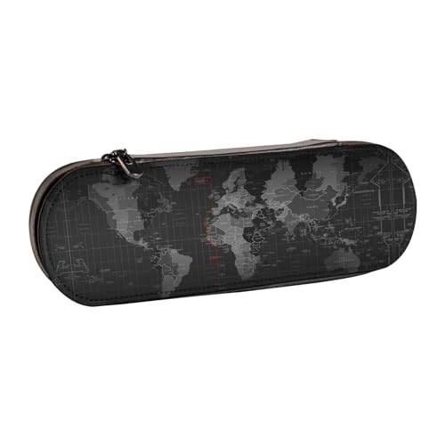 XLEWSIEU Federmäppchen aus Leder mit Zeitzonen-Kartendruck, stilvolle und funktionale Stiftemappe, Kosmetiktasche, Kleingeldbox, Schwarz , Einheitsgröße, Schulranzen-Set von XLEWSIEU