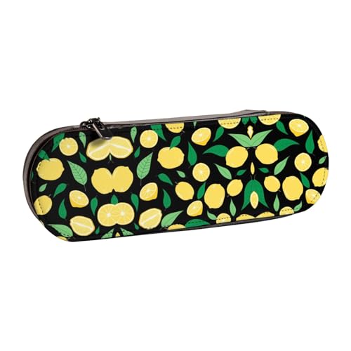 XLEWSIEU Federmäppchen aus Leder mit Zitronenfrucht-Druck, stilvolle und funktionale Stiftemappe, Kosmetiktasche, Kleingeldbox, Schwarz , Einheitsgröße, Schulranzen-Set von XLEWSIEU