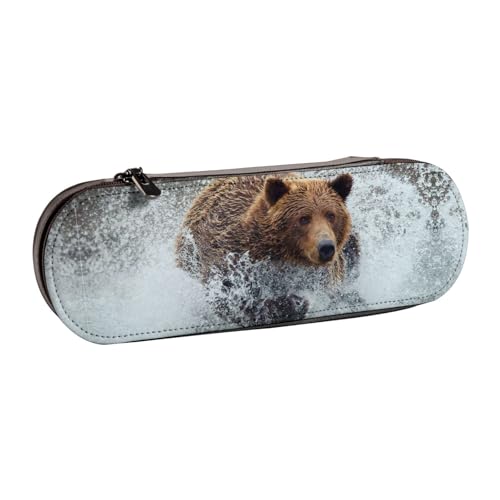XLEWSIEU Federmäppchen mit Bärenlauf-Aufdruck, Leder, stilvolle und funktionale Stiftemappe, Kosmetiktasche, Kleingeldbox, Schwarz , Einheitsgröße, Schulranzen-Set von XLEWSIEU