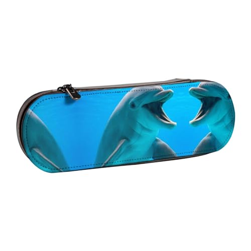 XLEWSIEU Happy Delphin Print Leder Federmäppchen Stilvolle & Funktionelle Stifteetui Kosmetiktasche Kleingeldbox, Schwarz , Einheitsgröße, Schulranzen-Set von XLEWSIEU