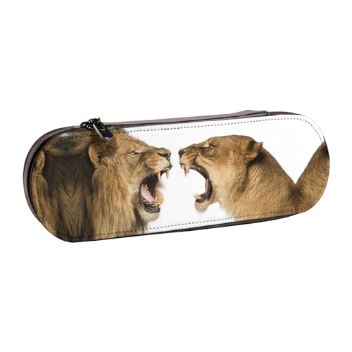 XLEWSIEU Löwe Löwin Brüllen Kunst Druck Leder Federmäppchen Stylisch & Funktional Stiftemäppchen Kosmetiktasche Kleingeldbox, Schwarz , Einheitsgröße, Schulranzen-Set von XLEWSIEU