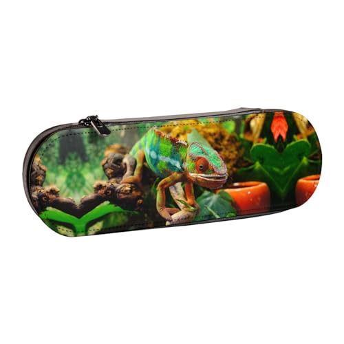 XLEWSIEU Niedliches Chamäleon-Druck-Leder-Federmäppchen, stilvolle und funktionale Stiftemappe, Kosmetiktasche, Kleingeldbox, Schwarz , Einheitsgröße, Schulranzen-Set von XLEWSIEU
