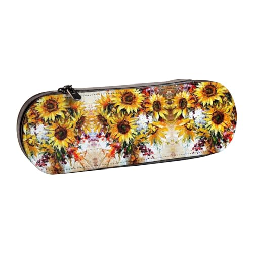XLEWSIEU Ölgemälde Sonnenblume Druck Leder Federmäppchen Stilvoll & Funktional Stifteetui Kosmetiktasche Kleingeldbox, Schwarz , Einheitsgröße, Schulranzen-Set von XLEWSIEU