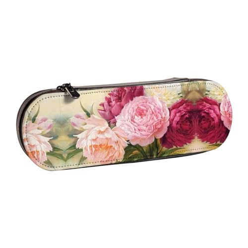XLEWSIEU Peony Flowers Blossom Print Leder Federmäppchen Stilvoll & Funktional Stifteetui Kosmetiktasche Kleingeldbox, Schwarz , Einheitsgröße, Schulranzen-Set von XLEWSIEU