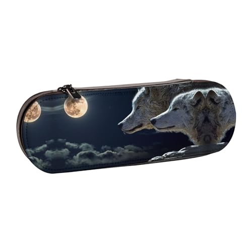 XLEWSIEU Vollmond Wölfe 3D Druck Leder Federmäppchen Stilvolle & Funktionelle Stifteetui Kosmetiktasche Kleingeldbox, Schwarz , Einheitsgröße, Schulranzen-Set von XLEWSIEU