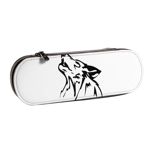 XLEWSIEU Wolfsdruck Leder Federmäppchen Stilvoll & Funktional Stifteetui Kosmetiktasche Kleingeldbox, Schwarz , Einheitsgröße, Schulranzen-Set von XLEWSIEU
