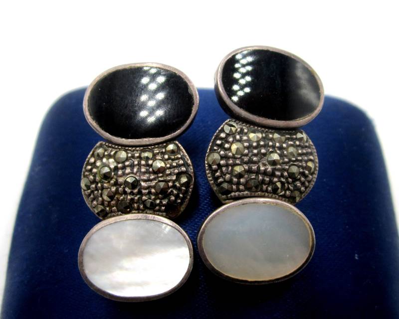 Vintage Sterling Silber Markasiten & Schwarzer Onyx/ Perlenohrringe von XLHDesignsArt