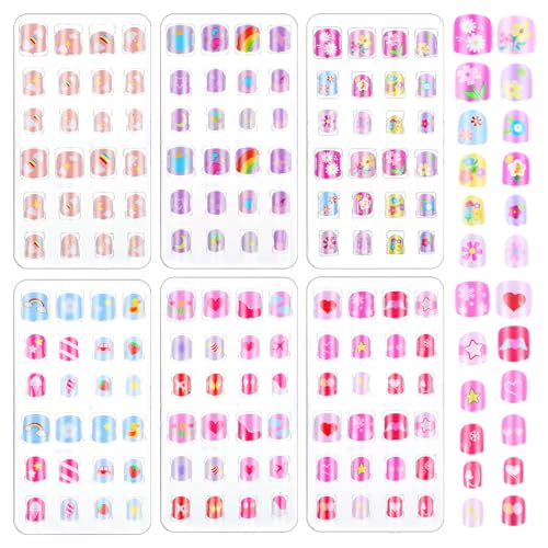 XLIUAX 144 Stück FingernäGel Zum Aufkleben Kinder, Nägel Zum Aufkleben Kinder, Selbstklebende Nagelkunst Aufkleber mit Nagelfeile, kurze Kunstnägel, Gel Nagelaufkleber Streifen mit Cartoon Muster von XLIUAX