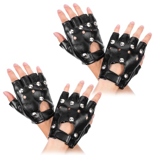 XLIUAX 2 Paar Punk Nieten Handschuhe, Fingerlose Gotik Handschuhe Half Finger PU Leder Biker Rocker Lederhandschuhe für Cosplay Mottoparty Karneval Kostümzubehör von XLIUAX
