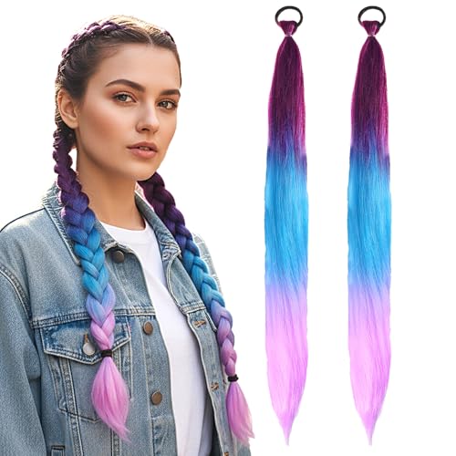 XLIUAX 2 Stück Kunsthaar zum Einflechten, 70 cm Haarsträhnen zum Einflechten Braids Extensions mit Haargummi Geflochtener Zopf Haarteil für Kinder Party Urlaub Karneval Deko von XLIUAX