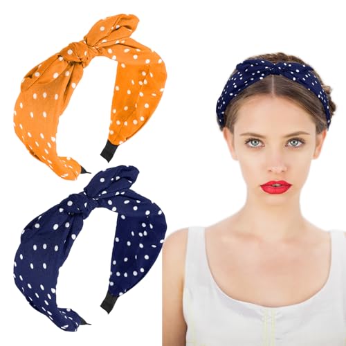 XLIUAX 2 Stück Polka Dots Haarreif Damen, Kaninchen Ohren Haarbänder Frauen, Rutschfest Kopfbedeckungen Elastische Geknotete SchleifenBStirnbänder Vintage Haarschmuck Halloween(Blau Gelb) von XLIUAX