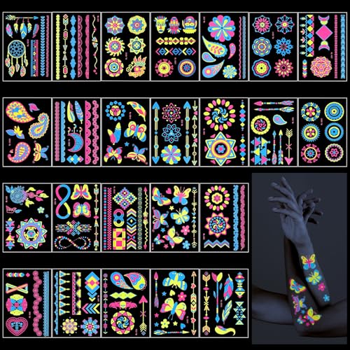 XLIUAX 24 Blätter Neon Temporäre Tattoos, UV Fluoreszenz Temporäre Tätowierungen Schwarzlicht Gefälschte Tattoo Aufkleber Tattoos Erwachsene für Frauen Mädchen Gesicht Körperkunst Rave Festival XLIUAX 24 Blätter Neon Temporäre Tattoos, UV Fluoreszenz Temporäre Tätowierungen Schwarzlicht Gefälschte Tattoo Aufkleber Tattoos Erwachsene für Frauen Mädchen Gesicht Körperkunst Rave Festival von XLIUAX
