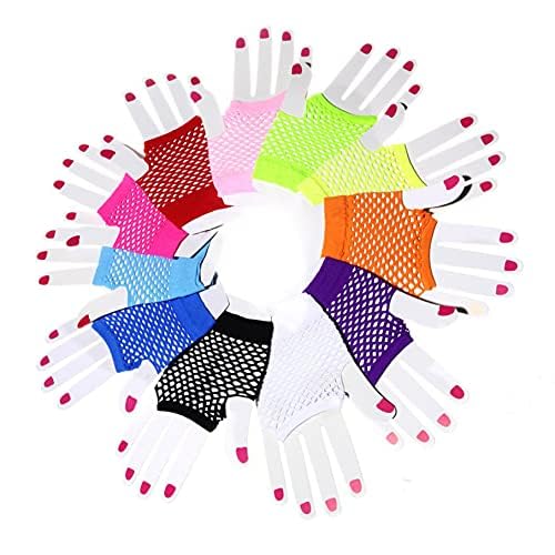 XLKJ 12 Paar Damen Fingerlos Netzhandschuhe, Fischnetz Handschuhe Verschiedene Neonfarben, Fishnet Handschuhe Elastisch Gloves f Kostümzubehör Dance Party Supplies Vintage von XLKJ