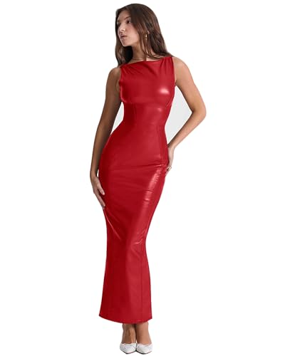 XLLAIS Damen Kunstleder Bodycon Maxikleid Sexy U-Boot-Ausschnitt Tank Lange Kleider, Rot/Ausflug, einfarbig (Getaway Solids), Mittel von XLLAIS