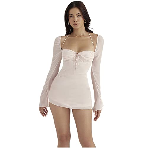 XLLAIS Langes Damenkleid mit Puffärmeln, figurbetont, Netzstoff, geteilter Saum, Clubwear, Partykleid, Mittel von XLLAIS