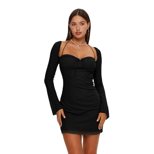 XLLAIS Damen Lange Puffärmel Mini Bodycon Mesh Kleid Split Hem Sexy Party Clubwear, Black1, Mittel von XLLAIS