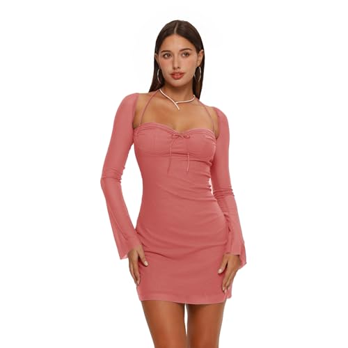 XLLAIS Damen Lange Puffärmel Mini Bodycon Mesh Kleid Split Hem Sexy Party Clubwear, Pink 1, Groß von XLLAIS