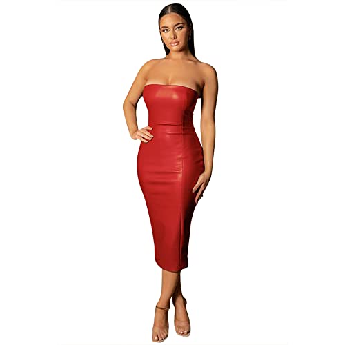 XLLAIS Damen Sexy Clubwear Kunstleder trägerloses Schlauchoberteil Minikleid schulterfrei Bodycon Partykleid, Rot/Ausflug, einfarbig (Getaway Solids), Mittel von XLLAIS